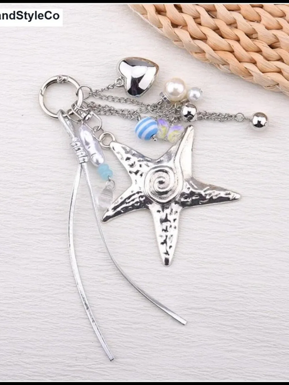 Silver Starfish Heart Bag Charm Keychain Y2K Beach Purse Accessory